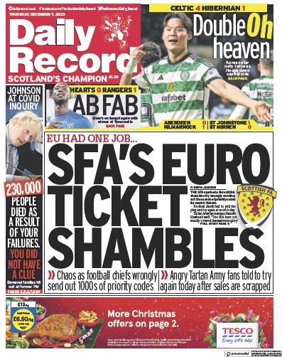 Daily Record Newspaper Front Page (UK) for 7 December 2023