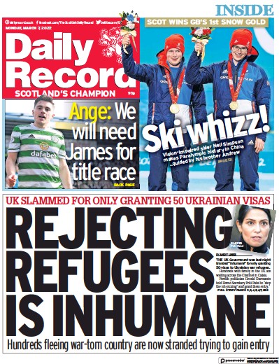 Daily Record Newspaper Front Page (UK) for 7 March 2022