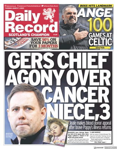 Daily Record Newspaper Front Page (UK) for 7 March 2023