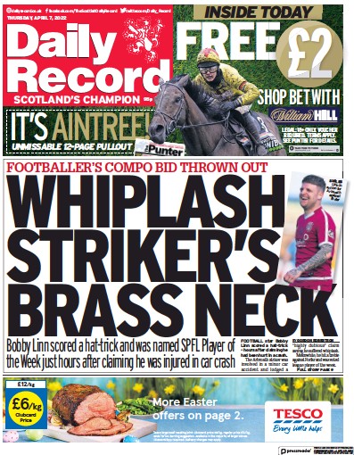 Daily Record Newspaper Front Page (UK) for 7 April 2022