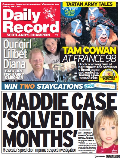 Daily Record Newspaper Front Page (UK) for 7 June 2021