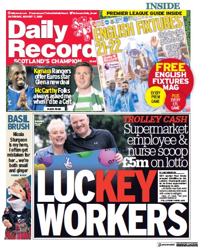Daily Record Newspaper Front Page (UK) for 7 August 2021