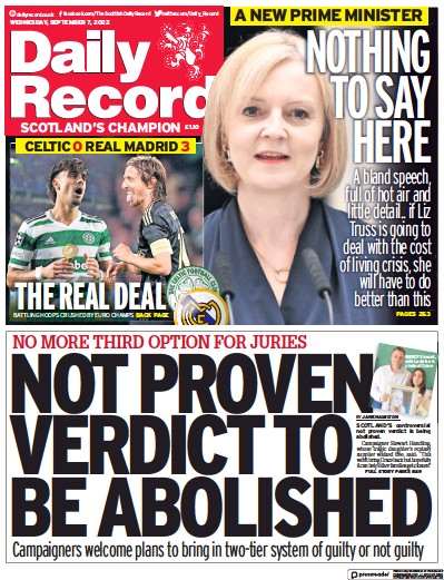 Daily Record Newspaper Front Page (UK) for 7 September 2022