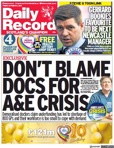 Daily Record Newspaper Front Page (UK) for 8 October 2021