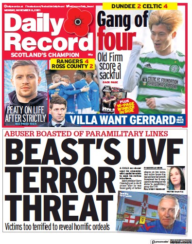 Daily Record Newspaper Front Page (UK) for 8 November 2021