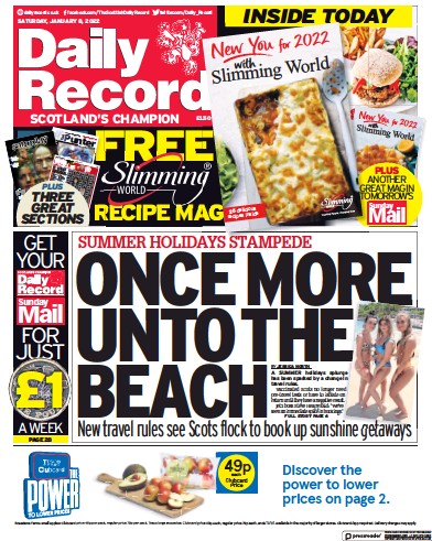 Daily Record Newspaper Front Page (UK) for 8 January 2022
