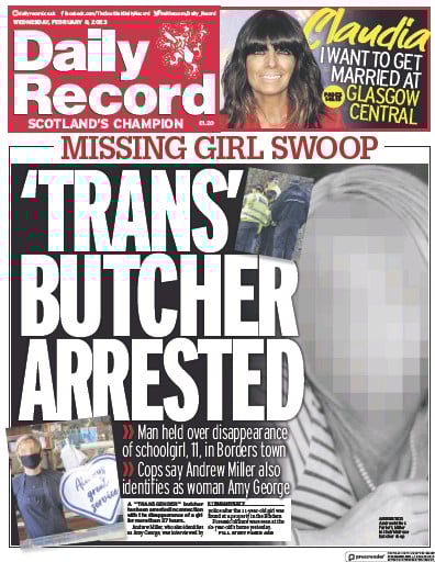 Daily Record Newspaper Front Page (UK) for 8 February 2023