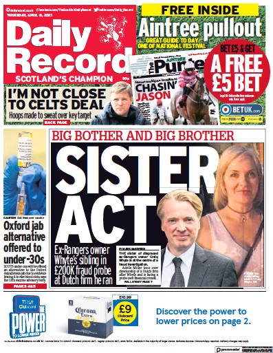 Daily Record Newspaper Front Page (UK) for 8 April 2021