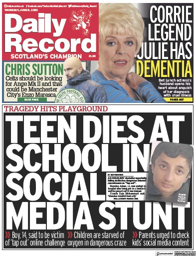Daily Record Newspaper Front Page (UK) for 8 June 2023