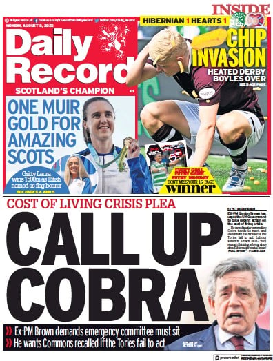 Daily Record Newspaper Front Page (UK) for 8 August 2022