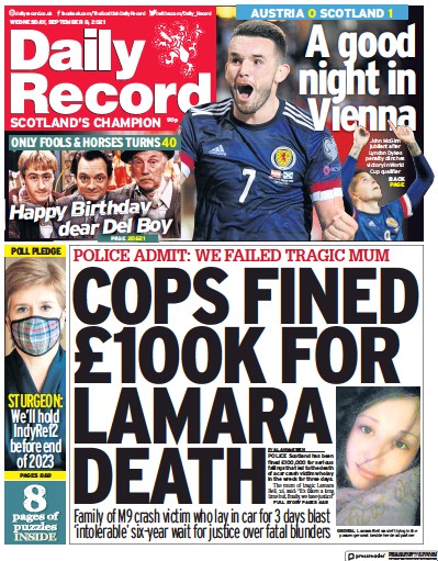 Daily Record Newspaper Front Page (UK) for 8 September 2021