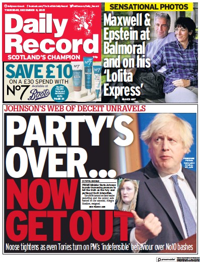 Daily Record Newspaper Front Page (UK) for 9 December 2021