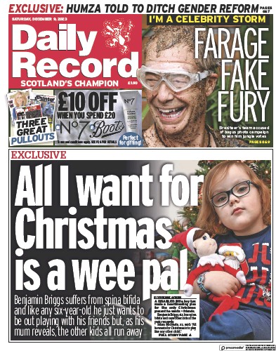 Daily Record Newspaper Front Page (UK) for 9 December 2023