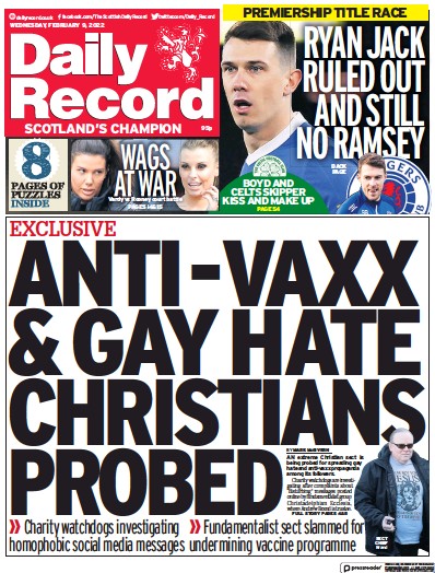 Daily Record Newspaper Front Page (UK) for 9 February 2022