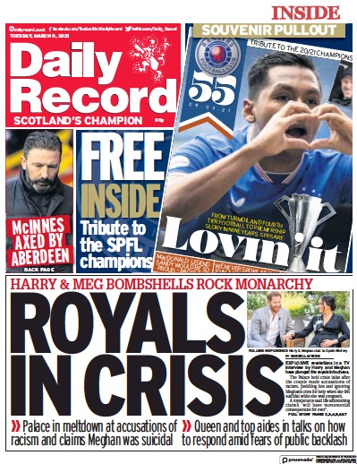 Daily Record Newspaper Front Page (UK) for 9 March 2021