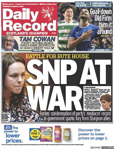 Daily Record Newspaper Front Page (UK) for 9 March 2023