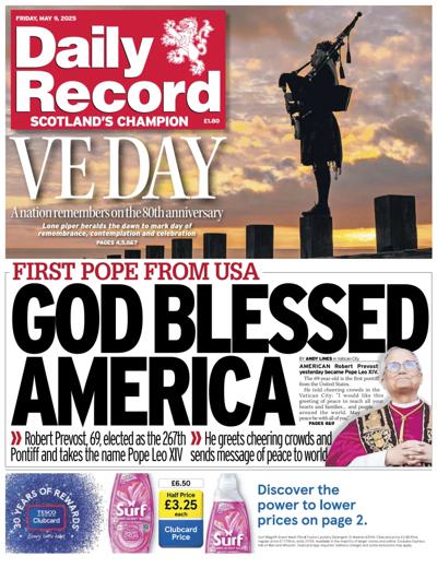 Daily Record Newspaper Front Page (UK) for 9 May 2025