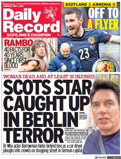 Daily Record Newspaper Front Page (UK) for 9 June 2022