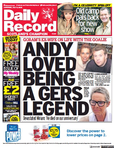 Daily Record Newspaper Front Page (UK) for 9 July 2022