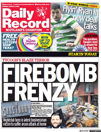 Daily Record Newspaper Front Page (UK) for 9 August 2021