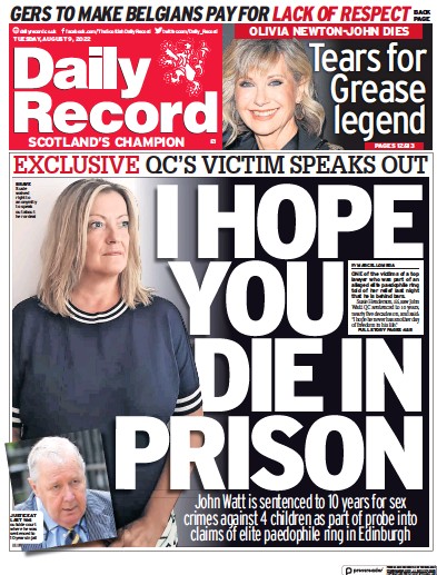 Daily Record Newspaper Front Page (UK) for 9 August 2022