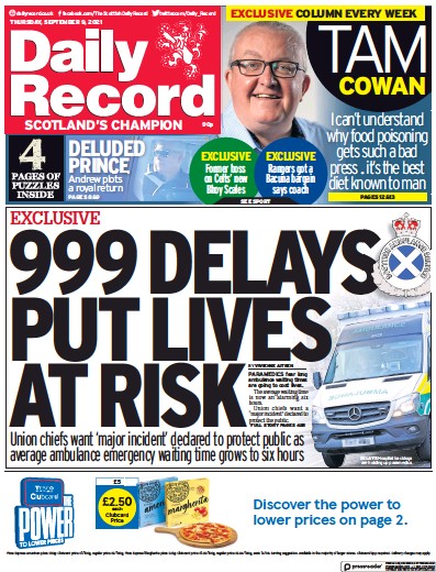 Daily Record Newspaper Front Page (UK) for 9 September 2021