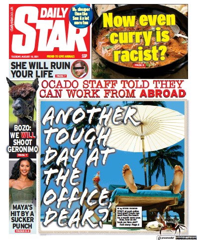Daily Star Newspaper Front Page (UK) for 10 August 2021