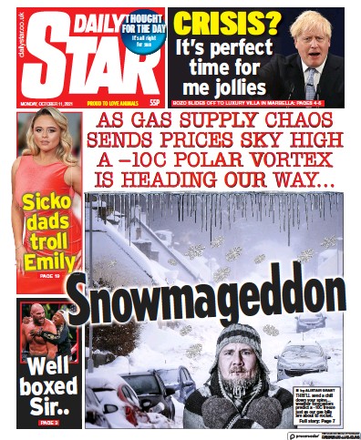 Daily Star Newspaper Front Page (UK) for 11 October 2021
