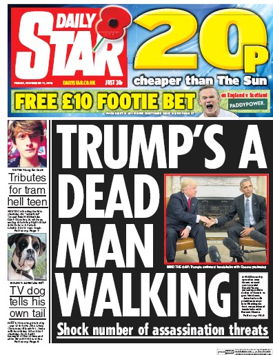 Daily Star Newspaper Front Page (UK) for 11 November 2016