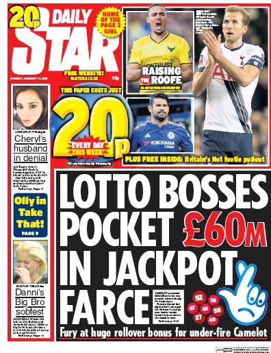 Daily Star Newspaper Front Page (UK) for 11 January 2016