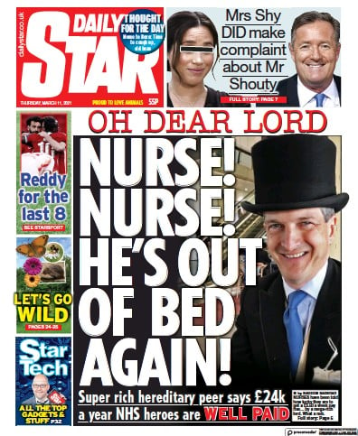 Daily Star Newspaper Front Page (UK) for 11 March 2021