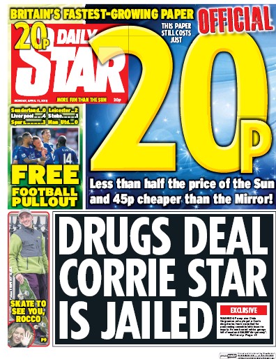 Daily Star Newspaper Front Page (UK) for 11 April 2016