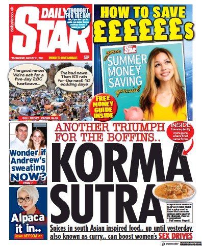 Daily Star Newspaper Front Page (UK) for 11 August 2021