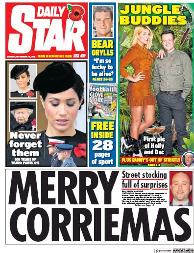 Daily Star Newspaper Front Page (UK) for 12 November 2018