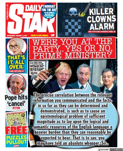 Daily Star Newspaper Front Page (UK) for 12 January 2022