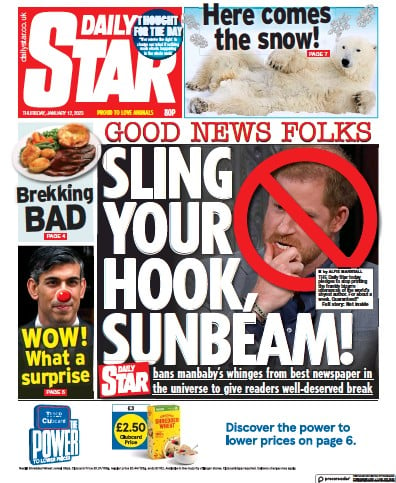 Daily Star Newspaper Front Page (UK) for 12 January 2023