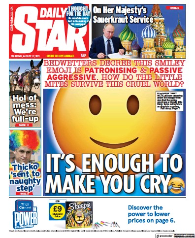 Daily Star Newspaper Front Page (UK) for 12 August 2021
