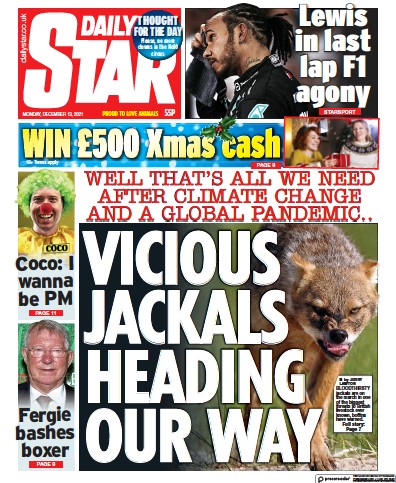 Daily Star Newspaper Front Page (UK) for 13 December 2021