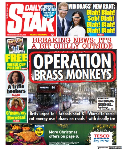 Daily Star Newspaper Front Page (UK) for 13 December 2022