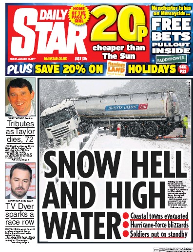 Daily Star Newspaper Front Page (UK) for 13 January 2017