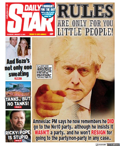 Daily Star Newspaper Front Page (UK) for 13 January 2022