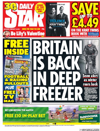 Daily Star Newspaper Front Page (UK) for 13 February 2016