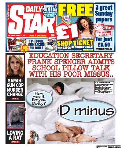 Daily Star Newspaper Front Page (UK) for 13 March 2021