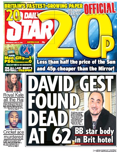 Daily Star Newspaper Front Page (UK) for 13 April 2016