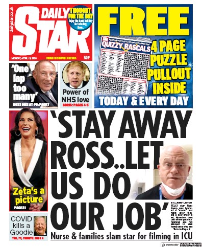 Daily Star Newspaper Front Page (UK) for 13 April 2020