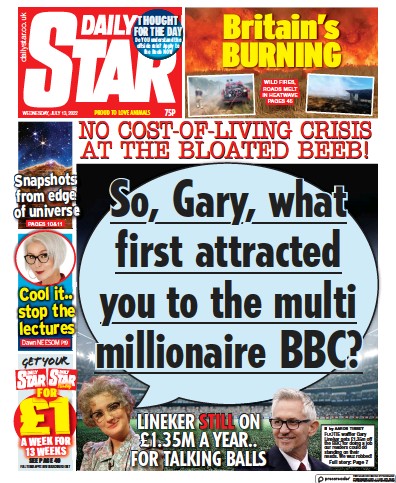 Daily Star Newspaper Front Page (UK) for 13 July 2022