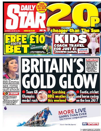 Daily Star Newspaper Front Page (UK) for 13 August 2016