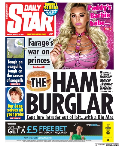 Daily Star Newspaper Front Page (UK) for 13 August 2019