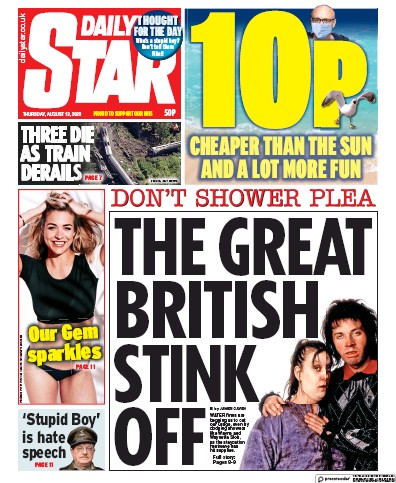 Daily Star Newspaper Front Page (UK) for 13 August 2020