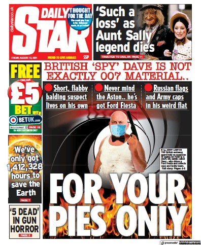 Daily Star Newspaper Front Page (UK) for 13 August 2021